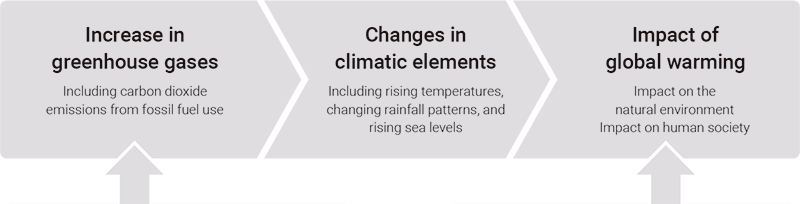 Increase in greenhouse gases(Including carbon dioxide emissions from fossil fuel use)/Changes in climatic elements(Including rising temperatures, changing rainfall patterns, and rising sea levels)/Impact of global warming(Impact on the natural environment Impact on human society)